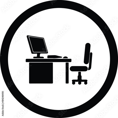 Vector minimal office desk computer and ergonomic chair setup silhouette Illustration.