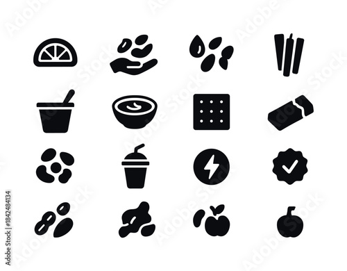 Healthy Snack Icons. Healthy snack options. Solid icon set of he