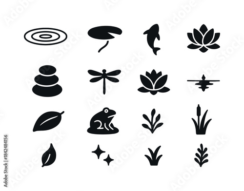 Crystal Pond Icons. Crystal-clear pond. Solid icon set of Crysta