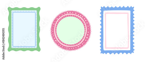 Hand drawn round and rectangular colorful frame, childish borders set, cute vector flat illustrations, vintage collection