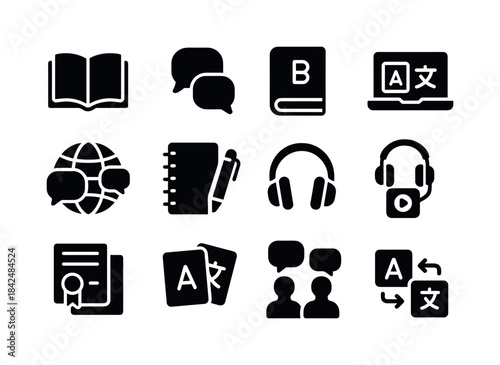 Language Learning Icons. Learning new languages. Solid icon set