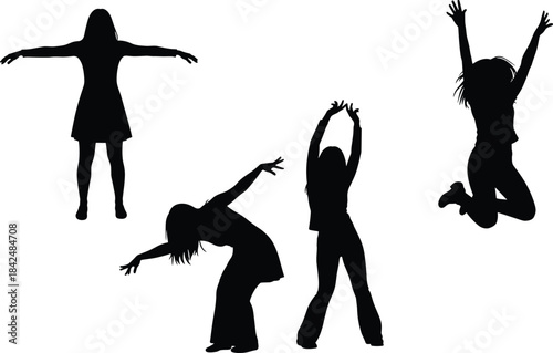 Silhouettes of young, happy women and girls dancing, jumping, and celebrating, symbolizing energy, freedom, joy, excitement, success, active lifestyle, expression, and youthful movement illustration.