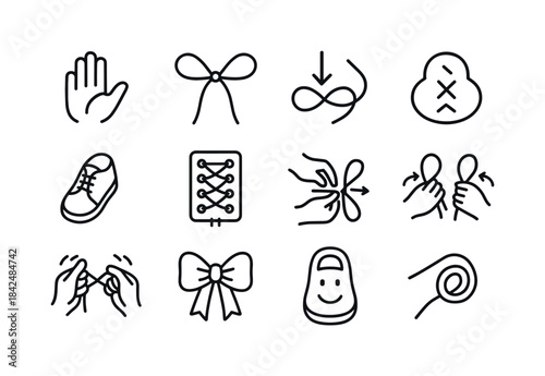 Kids Shoe Tying Icons. Kids Learning to Tie Shoes. Line icon set