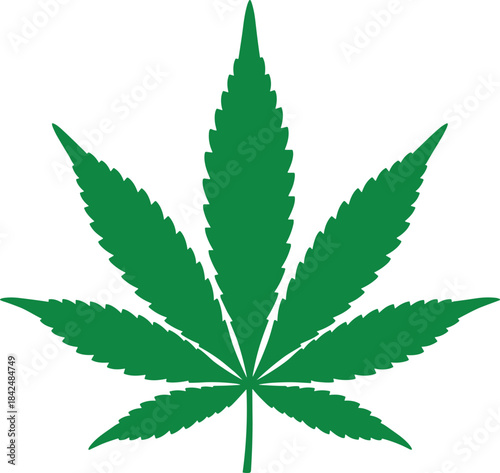 Single vibrant green cannabis leaf vector illustration in a flat, iconic style, symbolizing marijuana, THC, CBD, and the growing recreational and medical industries
