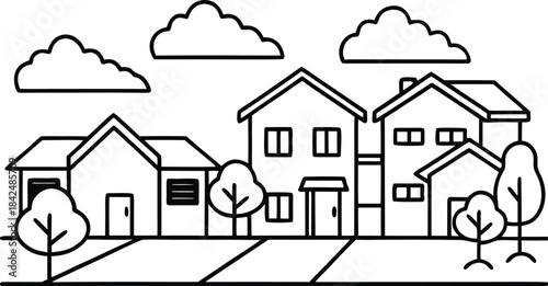 Black and white line of suburban houses and trees line suburban houses