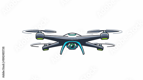Stylized modern quadcopter drone graphic with integrated camera for aerial surveillance, remote control, and future technology applications