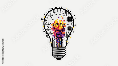Digital innovation light bulb, conceptual illustration integrating circuit boards and vibrant data, symbolizing artificial intelligence, bright ideas, and technological breakthroughs