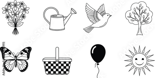 Spring Nature Icons Vector Illustration Set, Including Flowers Bouquet, Watering Can, Flying Bird, Tree, Butterfly, Picnic Basket, Balloon, and Happy Sun Outline