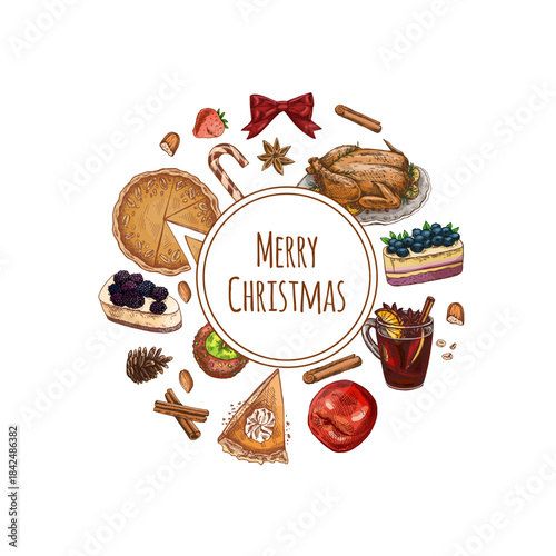 Hand drawn vintage sketch of christmas festive food and desserts in colored style, isolated vector illustration