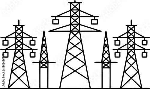 Five black line utility poles on white background power line
