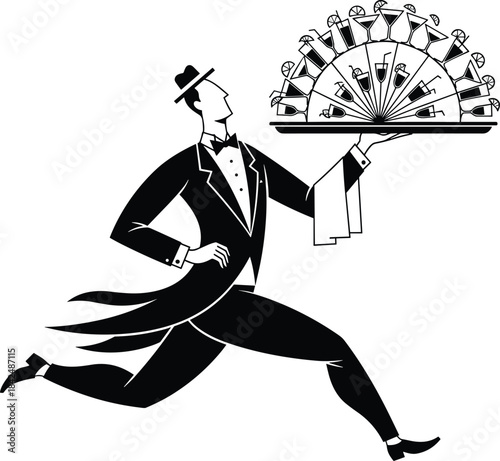 Stylized black and white vector silhouette of a fast-running waiter in a tuxedo, elegantly balancing a tray of various cocktails, symbolizing prompt service and catering event speed
