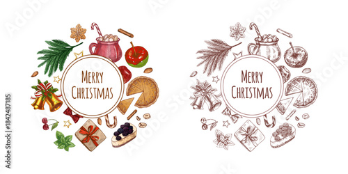 Hand drawn vintage sketch of christmas circle with color and monochrome festive food and decor, isolated vector illustration