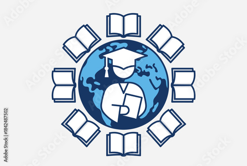 A student with a graduation cap on a globe surrounded by open books, symbolizing global education and knowledge.
