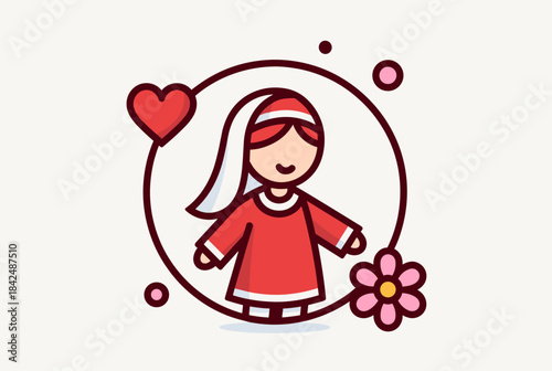 A cute cartoon illustration of a woman in a red dress and white head covering with a heart and flower, symbolizing love and femininity.