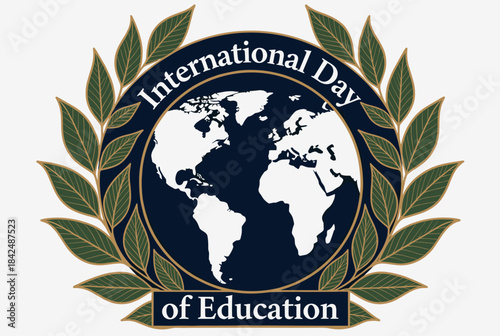 Logo for the International Day of Education featuring a world map encircled by a green laurel wreath on a dark blue background.