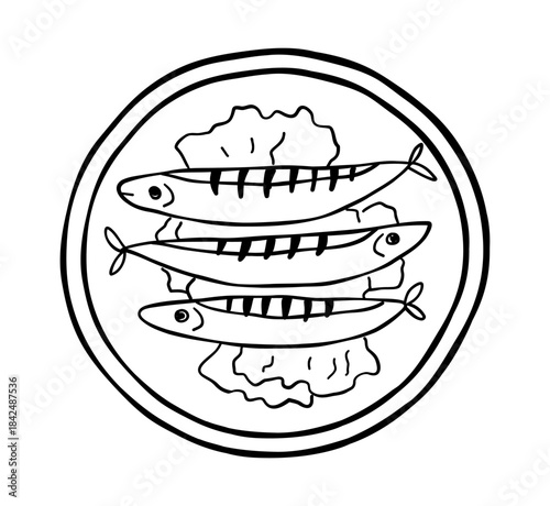 Outline fish on plate. Doodle monochrome drawing for menu design, print. Isolated vector contour illustration.