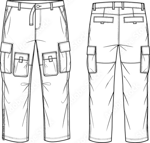 Technical CAD Vector Flat Outline of Cargo Pants Trousers with Flap Pockets and Straight Leg Fit, Woven Apparel Template Design