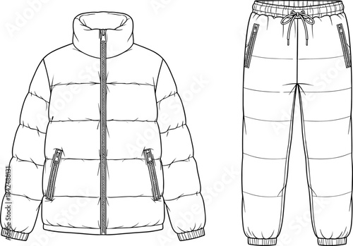 Technical CAD Vector Flat Outline of Puffer Jacket and Quilted Jogger Pants Set, Full-Zip Outerwear and Winter Activewear Template