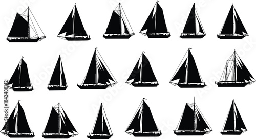 Sailboat silhouette vector set, nautical vessel icons, marine rigging shapes, black flat illustration, cad drawing flat vector illustration