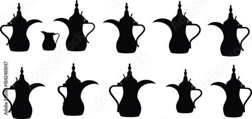 Arabic coffee pot silhouette set, traditional dallah vector icons, cultural pitcher shapes, black flat illustration, cad drawing flat vector illustration
