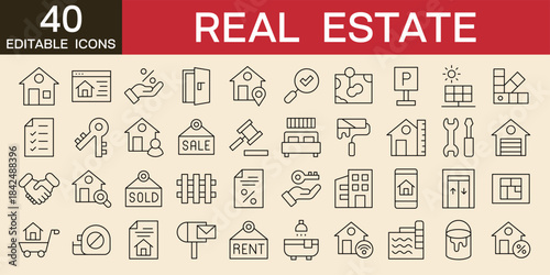 Real estate line icons set real estate vector illustration with icons of housing, rental of premises, insurance, realty, property, mortgage, home loan editable stroke 