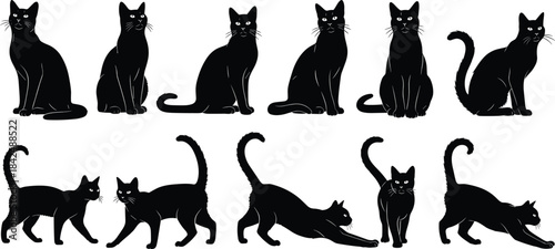 Black cat silhouette vector set, feline pose icons, walking sitting stretching shapes, flat illustration, cad drawing flat vector illustration
