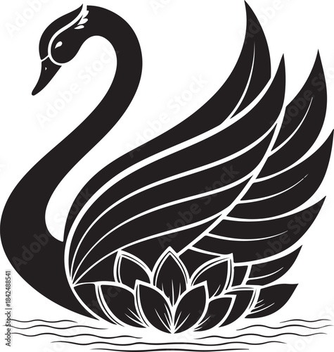 Black silhouette swan icon on white background, elegant minimal shape representing the sacred vehicle of Goddess Saraswati in simple clean vector style