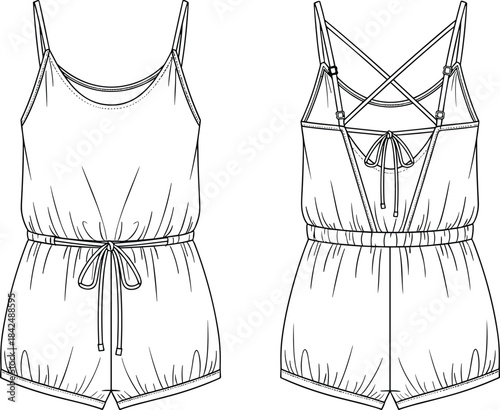 Technical CAD Vector Flat Outline of Women's Sleeveless Romper Jumpsuit with Criss-Cross Back Straps, Drawstring Waist, Fashion Template