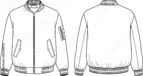Technical Flat CAD Vector Drawing of a Classic MA-1 Bomber Jacket Template, Front and Back Views, with Zipped Sleeve Pocket and Ribbed Trims for Outerwear Apparel Design Mockup, cad drawing