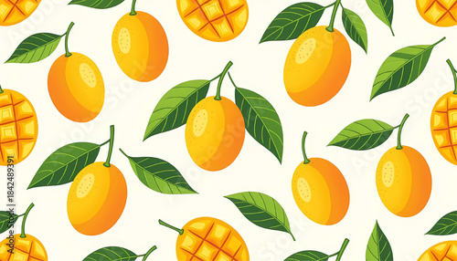 Tropical Fruit Pattern Background Vector Illustration - Fresh Kumquat and Mango Cubes with Leaves on Cream Background