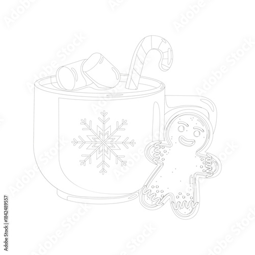 Black and white line art of hot chocolate mug with marshmallows and candy cane, plus gingerbread cookie. Cozy festive illustration for Christmas coloring pages or seasonal designs
