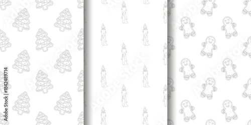 Three seamless holiday patterns Christmas tree cookies, lit candles, and gingerbread men. Monochrome line art style, ideal for wrapping paper, greeting cards, or coloring pages