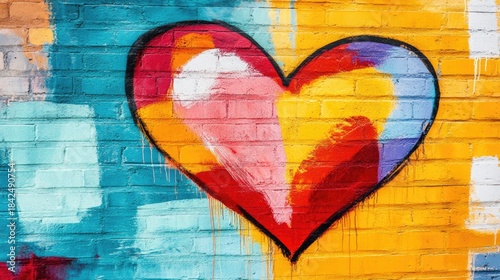 Colorful heart mural on a vibrant wall conveying love and positivity in an urban setting