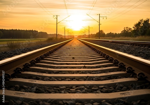 Railway tracks stretching towards the horizon during a vibrant sunset, with the sun casting a warm golden glow over the landscape