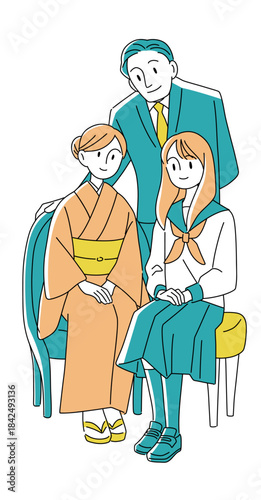 着物と学生服の日本人家族イラスト｜和装・家族写真・三人家族