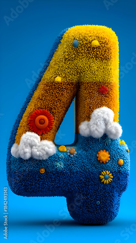 Number Four with Flowers and Clouds