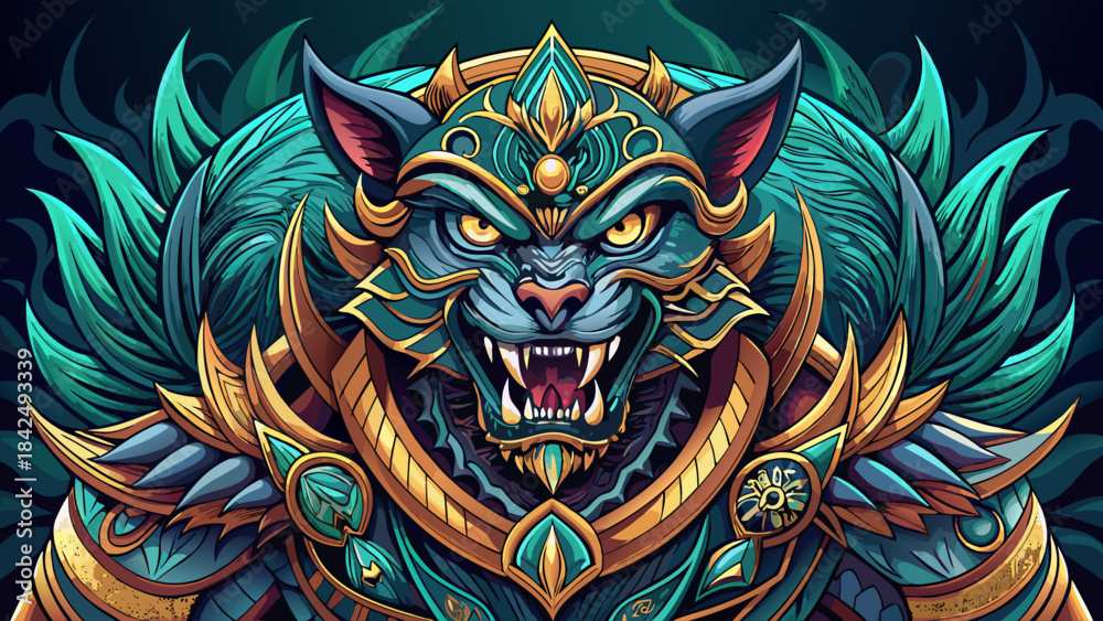 Obraz premium Very beautiful stylized depiction of a fierce shape-shifting creature from ancient epics, featuring ornate patterns, sharp claws, dramatic expression, and balanced vector composition ideal for fantasy