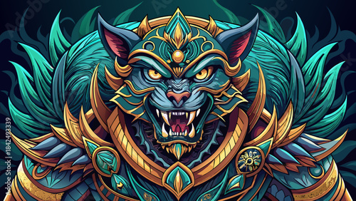 Very beautiful stylized depiction of a fierce shape-shifting creature from ancient epics, featuring ornate patterns, sharp claws, dramatic expression, and balanced vector composition ideal for fantasy