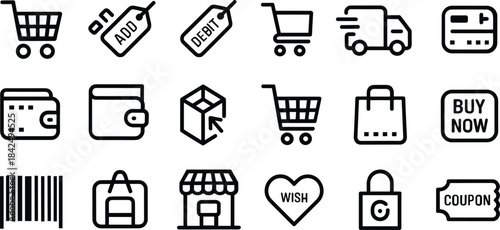 Black and white shopping icons on white background shopping cart add tag