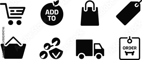 Black shopping icons for e-commerce and retail shopping cart add to cart