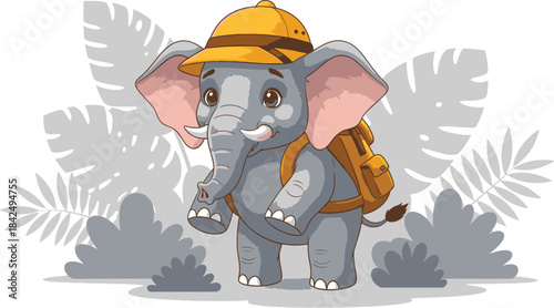 Cartoon elephant vector illustration with safari hat and backpack for kids design art