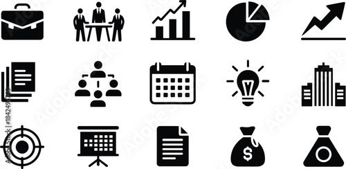 Business icons briefcase meeting graph pie chart calendar lightbulb buildings vector