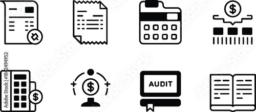 Financial and business icons including calculator receipt and audit accounting book