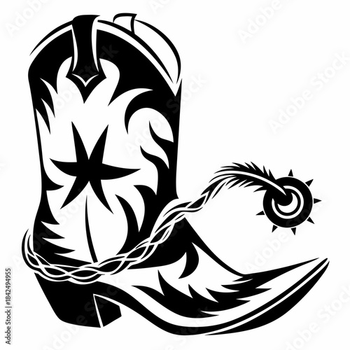 Stylized cowboy boot with intricate flame design and spur wrapped in barbed wire