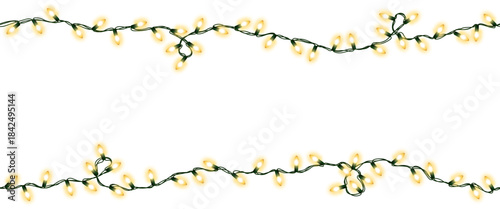 Christmas and New Year seamless border garland. Glowing vector light bulbs isolated on transparent background for holiday decoration banner, poster, greeting card.