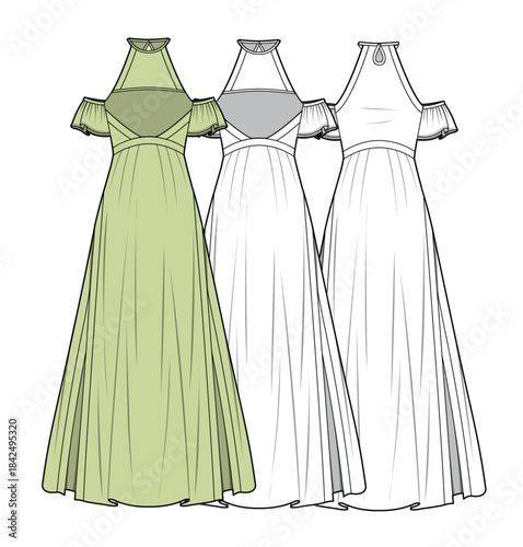 Flowy maxi dress vector mockup template technical flat design.