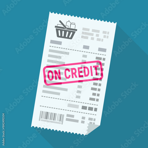 shopping receipt with an overhead shopping basket icon and a prominent red "ON CREDIT" stamp. Concept for debt, financing, or deferred payment. Blue background with long shadow (flat design).