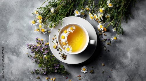 Chamomile tea in white cup surrounded fresh flowers on gray background