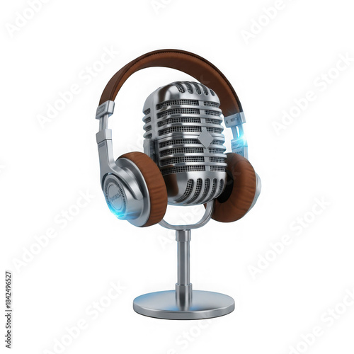 A vintage-style chrome microphone with brown leather headphones resting on it, set against a dark background, evoking a sense of classic recording or podcasting equipment