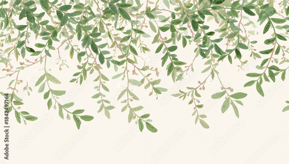 Obraz premium Hanging leafy branches forming watercolor canopy on pale beige backdrop, showing tan stems, buds